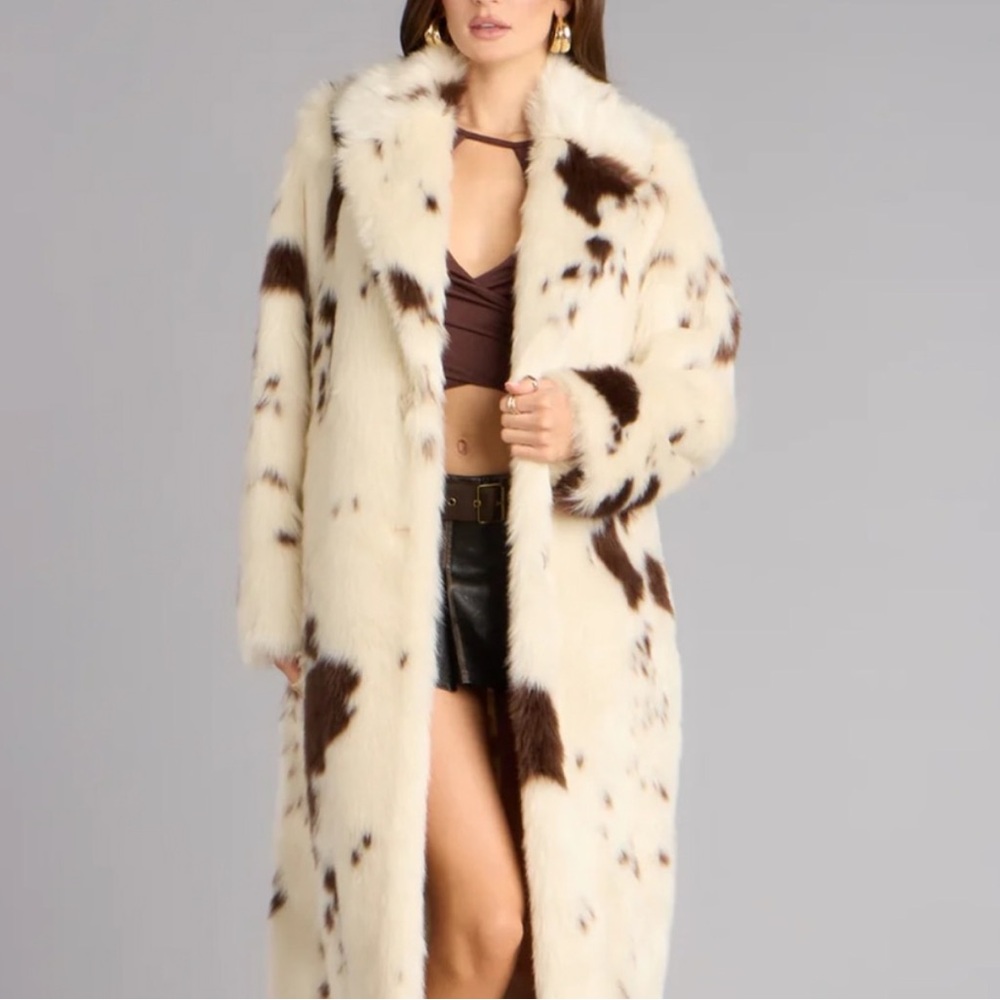 Ivory and Dark Brown Faux Fur faux cowhide Long Coat